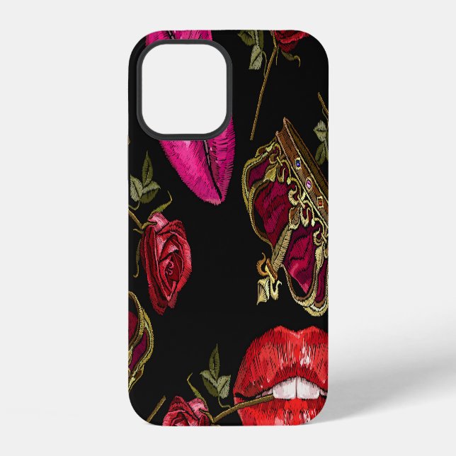Embroidery lips, roses, crown seamless pattern. iPhone case (Back)