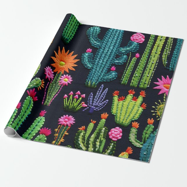 Embroidery-look Cactus and Desert Flowers Wrapping Paper (Unrolled)