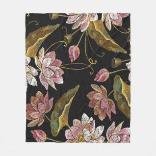 Embroidery Lotus Flowers Seamless Pattern Fleece Blanket