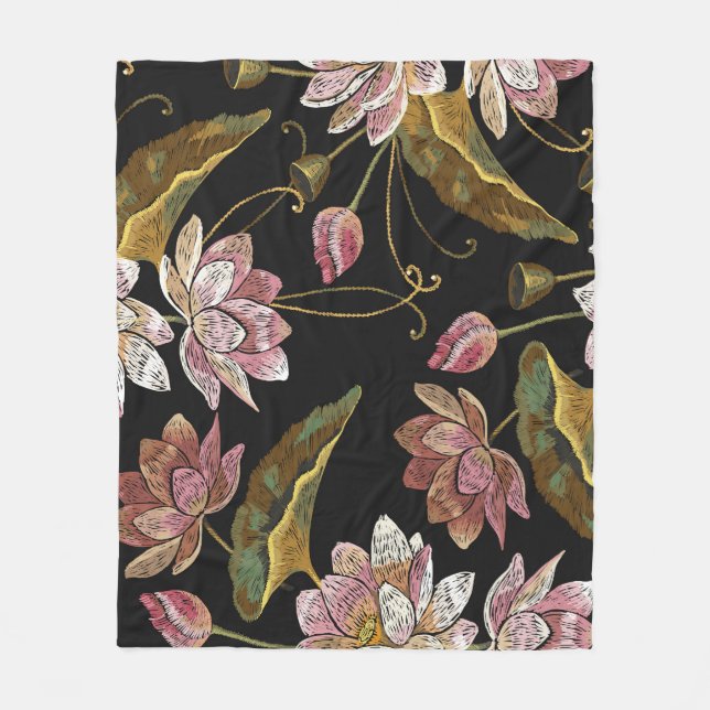 Embroidery Lotus Flowers Seamless Pattern Fleece Blanket (Front)