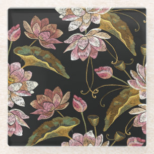Embroidery Lotus Flowers Seamless Pattern Glass Coaster