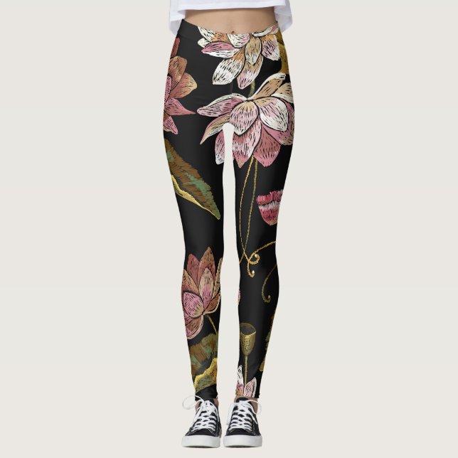 Embroidery Lotus Flowers Seamless Pattern Leggings (Front)