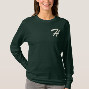 Embroidery Monogram Letter H Initial Embroidered Long Sleeve T-Shirt