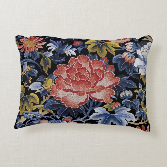 embroidery navy blue coral pink floral peony decorative pillow (Back)
