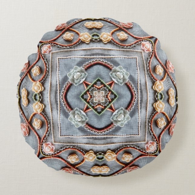 Embroidery pattern with cotton thread lace, pearls round pillow (Front)