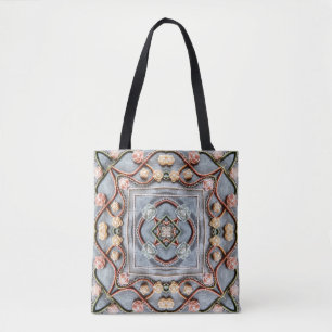 Embroidery pattern with cotton thread lace, pearls tote bag