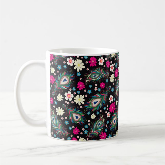 Embroidery peacock feathers seamless pattern. Clas Coffee Mug (Left)