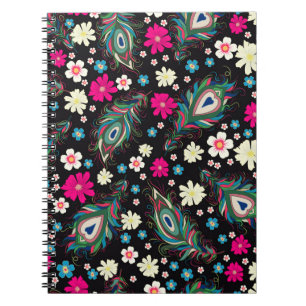 Embroidery peacock feathers seamless pattern. Clas Notebook