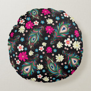 Embroidery peacock feathers seamless pattern. Clas Round Pillow