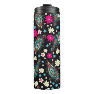 Embroidery peacock feathers seamless pattern. Clas Thermal Tumbler