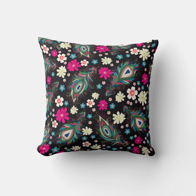 Embroidery peacock feathers seamless pattern. Clas Throw Pillow (Front)