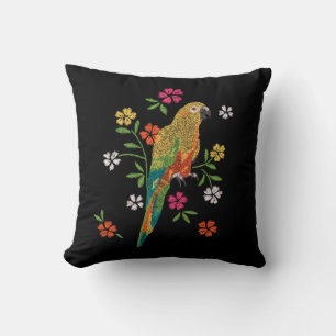 Embroidery Print Parrot Red Yellow Pink Floral Throw Pillow