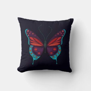 Embroidery Print Red Blue Purple Butterfly Black Throw Pillow