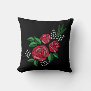 Embroidery Print Red Rose Green Leave White flower Throw Pillow