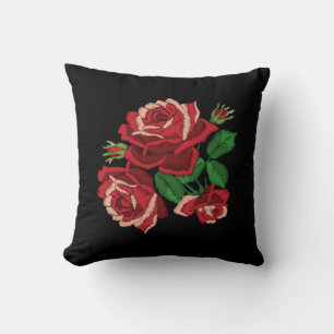Embroidery Print Red Rose Green Leaves Floral Blue Throw Pillow