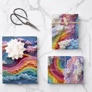 Embroidery Rainbow, Sky, and Cloud Design Wrapping Paper Sheet