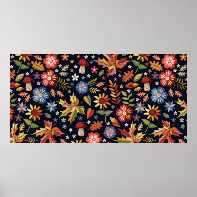 Embroidery seamless pattern with beautiful flowers poster (Front)