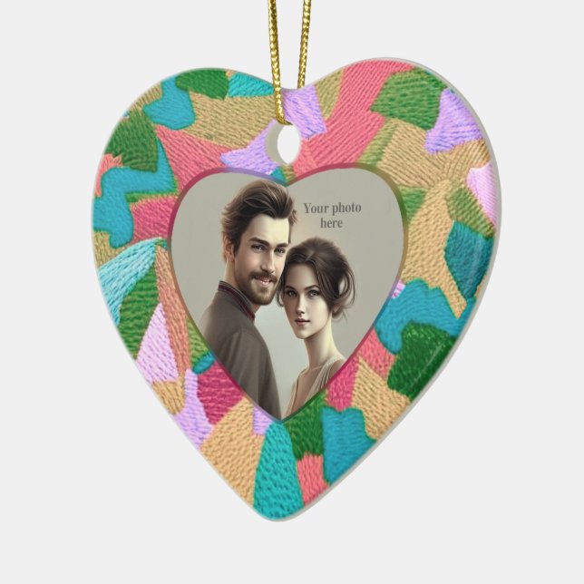 Embroidery Stitches - Heart Shaped Photo Ceramic O Ceramic Ornament (Left)