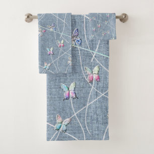 Embroidery Texture Watercolor Butterflies on Blue Bath Towel Set