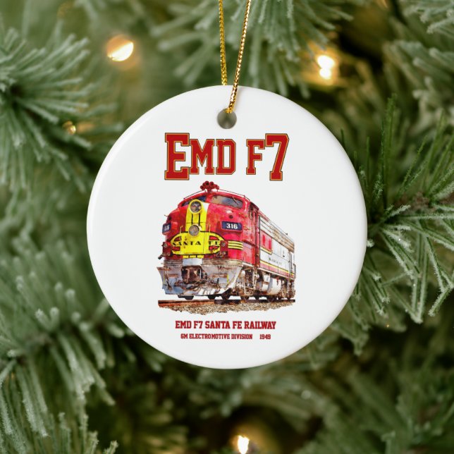 EMD F7 Santa Fe Warbonnet Diesel Locomotive. Ceramic Ornament (Tree)