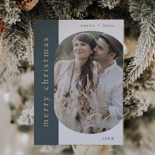 EMELIA Blue Gold Foil Oval Photo Merry Christmas Holiday Card