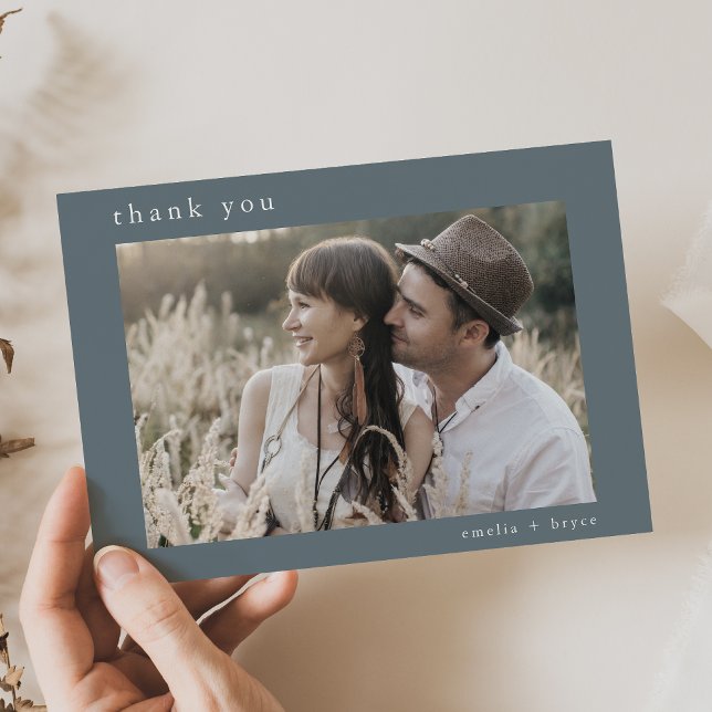 EMELIA Flat Minimal Blue Boho Rustic Photo Wedding Thank You Card (EMELIA Flat Minimal Blue Boho Rustic Photo Wedding Thank You Card)