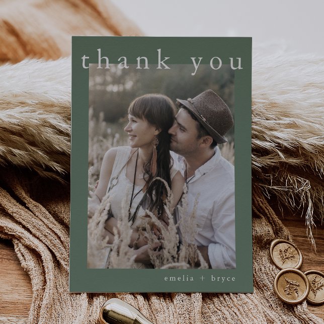 EMELIA Flat Simple Sage Green Rustic Photo Wedding Thank You Card (EMELIA Flat Simple Sage Green Rustic Photo Wedding Thank You Card)