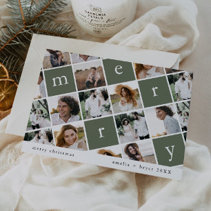 EMELIA Green Modern Family Multi Photo Christmas Holiday Card