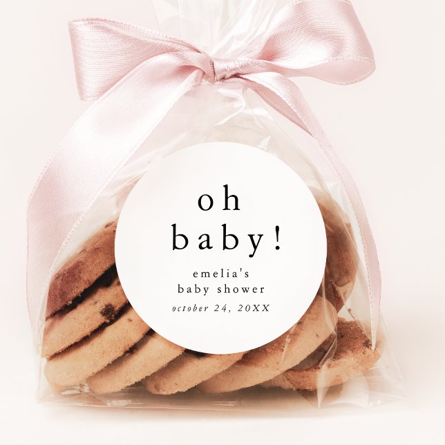 EMELIA Modern Minimal Simple Oh Baby Baby Shower Classic Round Sticker (EMELIA Modern Minimal Simple Oh Baby Baby Shower Classic Round Sticker)