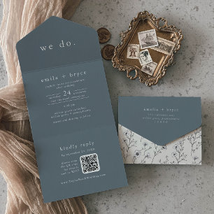 EMELIA QR Code Navy Floral Minimal Simple Wedding All In One Invitation
