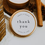 EMELIA Rustic Simple Modern Boho Wedding Thank You Classic Round Sticker<br><div class="desc">This rustic simple modern boho wedding thank you sticker from the Emelia Collection is perfect for a minimalistic wedding.

The black and white design features modern boho unadorned typography with a unique minimalist style.

Personalize your favour stickers with the names of the couple and wedding date.</div>