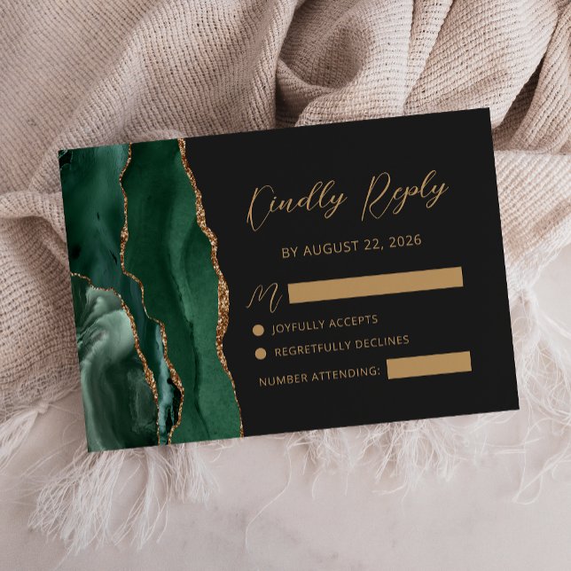Emerald Agate Gold Calligraphy Script Wedding RSVP Card (Creator Uploaded)