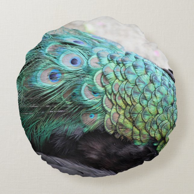 Emerald and Beige Elegant Round Peacock Feathers Pillow (Back)
