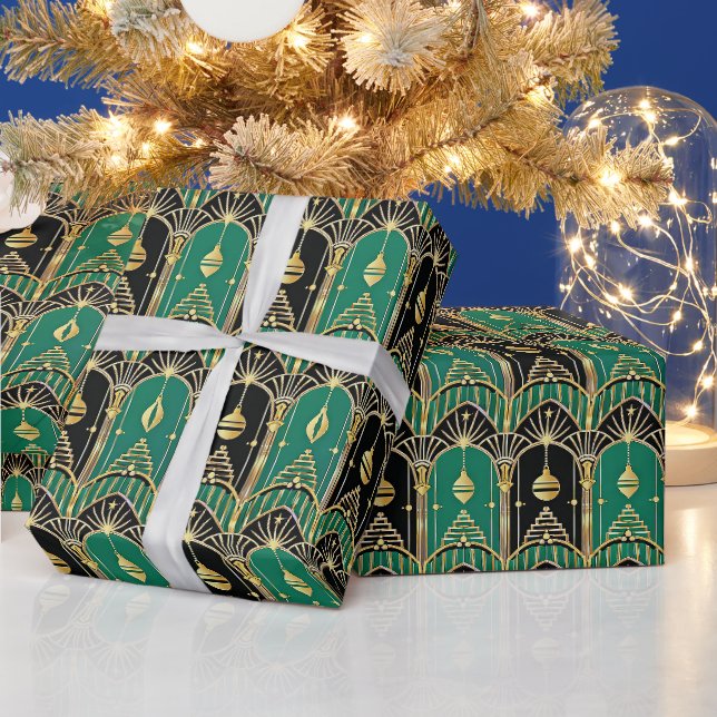 Emerald and Black Art Deco Holiday Pattern Wrapping Paper (Holidays)