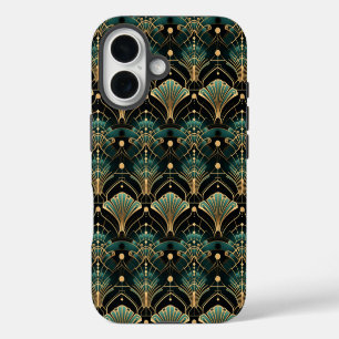 Emerald and Gold Art Deco-inspired Fan iPhone 16 Case