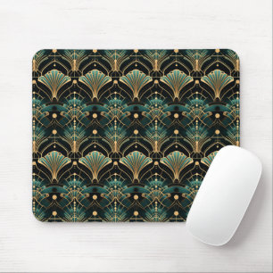 Emerald and Gold Art Deco-inspired Fan Mouse Pad