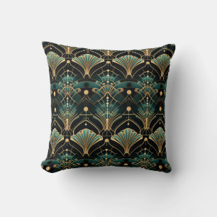 Emerald and Gold Art Deco-inspired Fan Throw Pillow