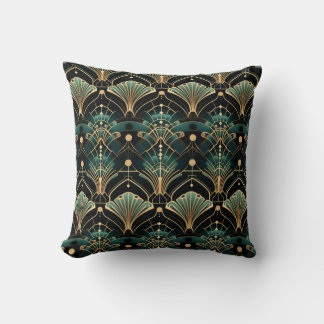 Emerald and Gold Art Deco-inspired Fan Throw Pillow