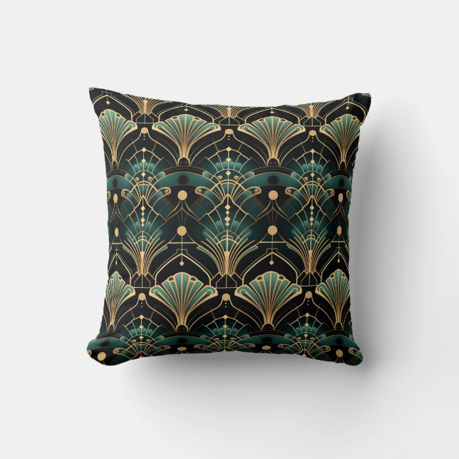 Emerald and Gold Art Deco-inspired Fan Throw Pillow (Front)