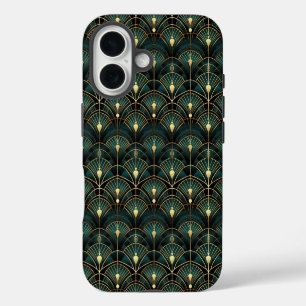 Emerald and Gold Art Deco Patterned iPhone 16 Case