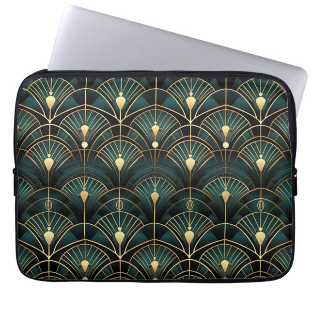 Emerald and Gold Art Deco Patterned Laptop Sleeve (Front)