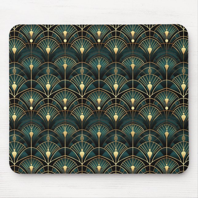 Emerald and Gold Art Deco Patterned Mouse Pad (Front)
