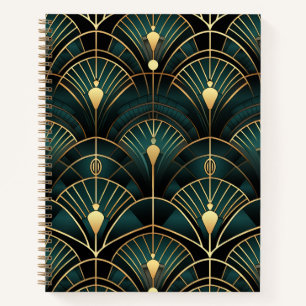 Emerald and Gold Art Deco Patterned Spiral Notebook