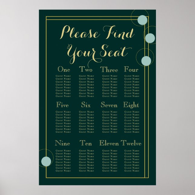 Emerald and Gold Art Deco Wedding Seating Chart (Front)