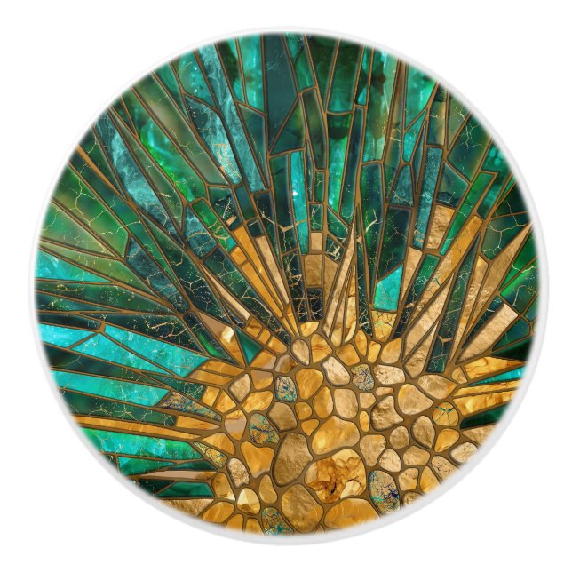 Emerald and gold cells mosaic abstract ceramic knob (Front)