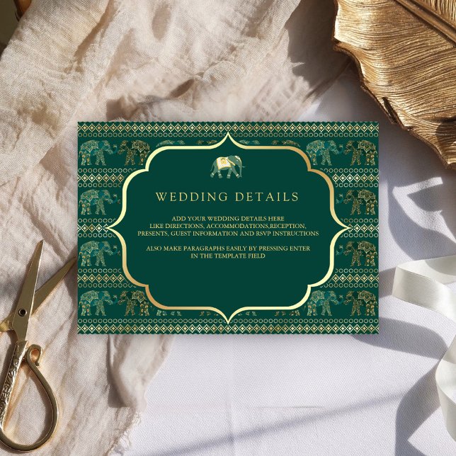 Emerald and Gold Elephant Indian Wedding Details Enclosure Card (Creator Uploaded)