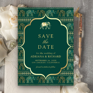Emerald and Gold Elephant Indian Wedding Photo Save The Date