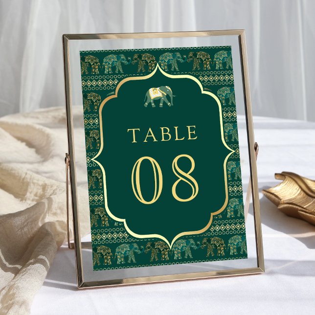 Emerald and Gold Elephant Indian Wedding Table Number (Creator Uploaded)
