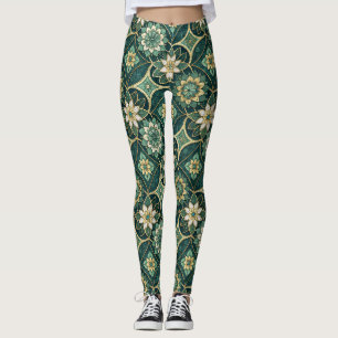 Emerald and Gold Floral Mandala - Ornamental Leggings