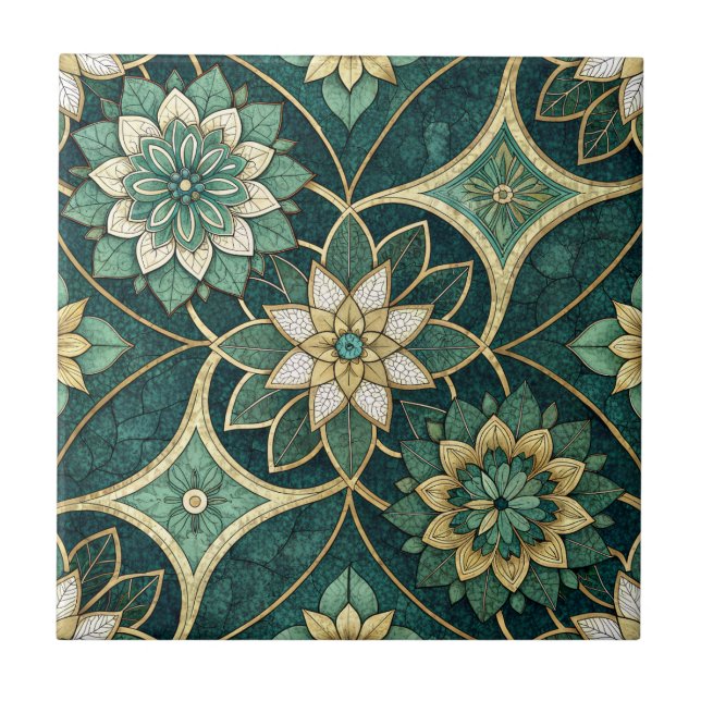 Emerald and Gold Floral Mandala - Ornamental Tile (Front)